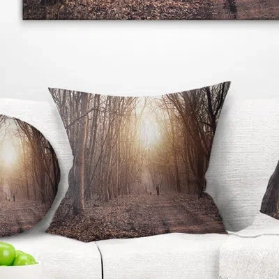 Design Art Forest Pathway View At Sunset - Forest Printed Pillow In Brown