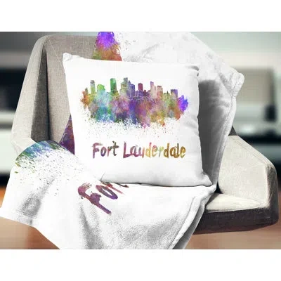 Design Art Fort Lauderdale Skyline - Cityscape Printed Pillow In Yellow;purple