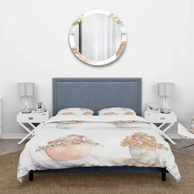 Design Art Four Outdoor Flower Pots - Traditional Duvet Cover Set - Microfiber Polyester In White,pink