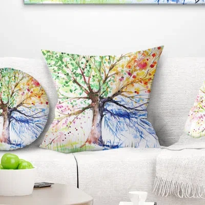Design Art Four Seasons Tree - Floral Printed Throw Pillow In Green;yellow