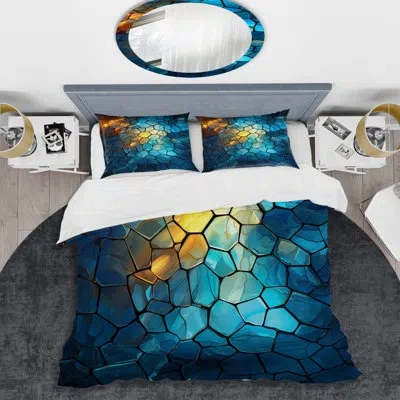 Design Art Fractal Blue And Yellow Mosaic  I - Abstract Modern Shapes Duvet Cover Set In Blue;yellow