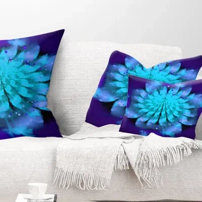 Design Art Fractal Blue Spread Out Flower - Floral Printed Throw Pillow