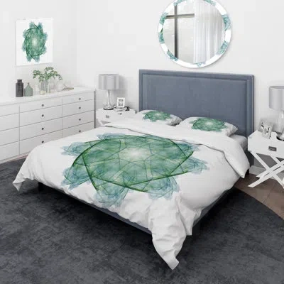 Design Art Fractal Flower Green - Bohemian Duvet Cover Set - Microfiber Polyester In White;green