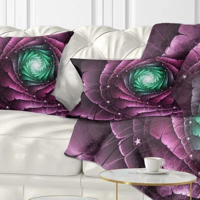 Design Art Fractal Flower Green Purple Digital Art - Floral Printed Throw Pillow