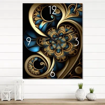 Design Art Fractal Flower In Retro Gold And Dark Teal I - Fractals Wall Clock In Blue;gold