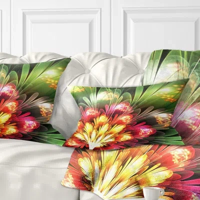 Design Art Fractal Flower Red And Green - Floral Printed Throw Pillow