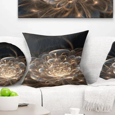Design Art Fractal Flower With Golden Rays - Floral Printed Throw Pillow In Gray;gold