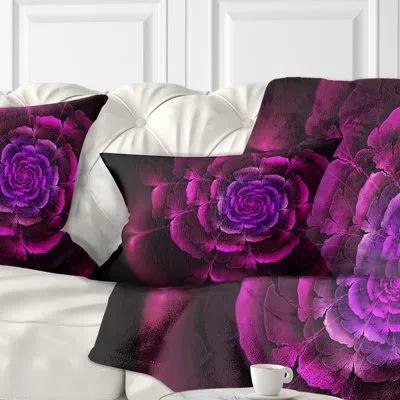 Design Art Fractal Rose In Dark - Floral Printed Pillow In Purple