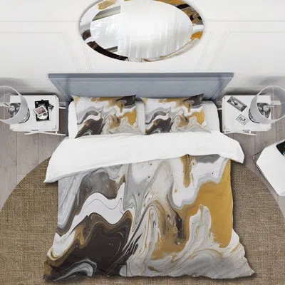 Design Art Fractals Comforter Set Of 4 - Gold And Black Marble Waves Iii Comforter Bedding Set In Black;gold