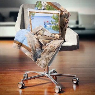 Design Art Framed Effect Boat In Ocean - Beaches Printed Pillow In Blue
