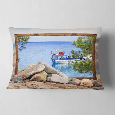 Design Art Framed Effect Boat In Ocean - Beaches Printed Throw Pillow In Blue