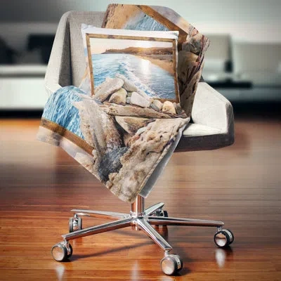 Design Art Framed Effect Rocky Beach - Beaches Printed Pillow In Blue