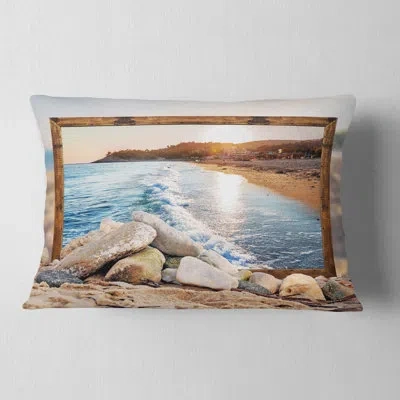 Design Art Framed Effect Rocky Beach - Beaches Printed Throw Pillow In Blue