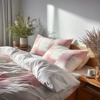 Design Art French Country 4 Pcs Bed Comforter Set - Red Blush Plaid Bed Comforter Set In Red;beige
