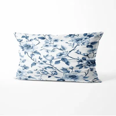 Design Art French Country Accent Pillow - Blue French Garden Toile Printed Cushion In Blue;white