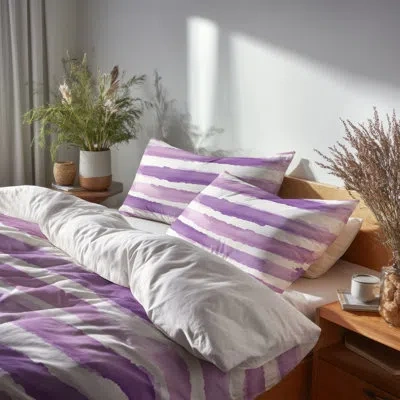 Design Art French Country Bedding Set Of 6 - Striped Purple And White Lavender Stripes Comforter Bedding Set In White;purple