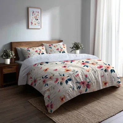Design Art French Country Comforter Set 6 Pcs - Pink Cottage Script Floral Comforter Bedding Set In Green;pink