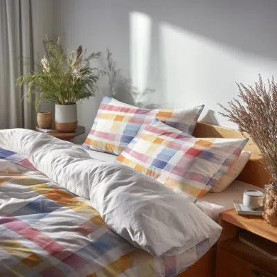 Design Art French Country Comforter Set Of 6 - Blue Soft Plaid Comforter Bedding Set In Blue;red