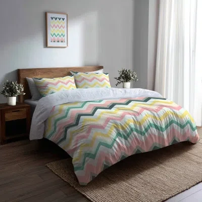 Design Art French Country Duvet Cover Set Of 3 - Seasonal Pink And Green Spring Chevron Bedding And Throw Pillo In Green;pink