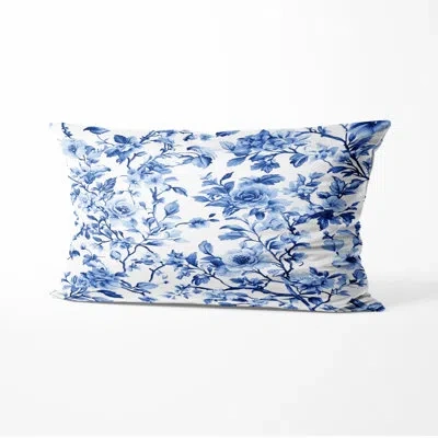 Design Art French Country Throw Pillow - Blue French Garden Toile Printed Cushion In Blue;white