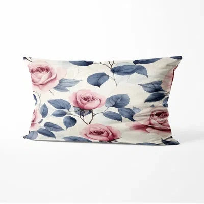 Design Art French Country Throw Pillow - Floral Pastel Rose Garden Printed Cushion In Pink;green