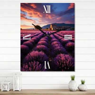 Design Art French Provencal Lavender Fields Ii - France Wall Clock Oversized In Purple