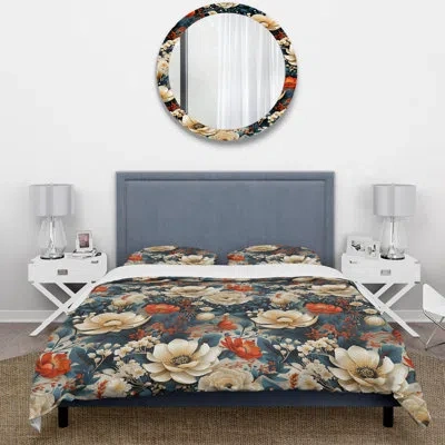 Design Art French Romance Beige Floral Pattern Iii Duvet Cover Set In Beige;teal