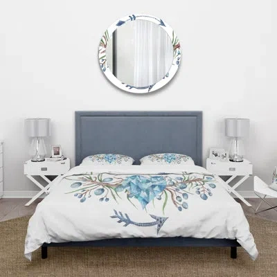 Design Art Fresh Tribal Vignette Wild Forest Wreath Design Ii - Traditional Polyester Duvet Cover Set In Blue;white;gray