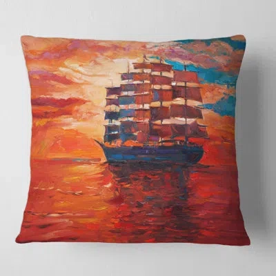 Design Art Frigat During Evening Glow On The Ocean Horizon Square Pillow Cover And Insert In Red
