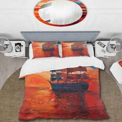 Design Art Frigate During Evening Glow On The Ocean Horizon - Nautical Duvet Cover Set - Microfiber Polyester In Red,orange