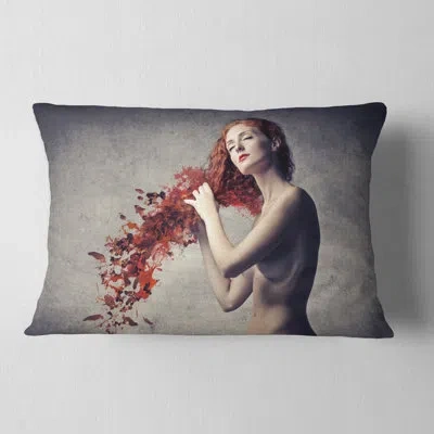 Design Art From Red Hair To Leaves - Street Art Printed Throw Pillow In Black;red