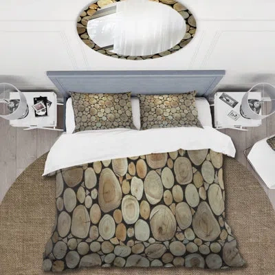 Design Art Front View Of Sliced Trunks - Cabin & Lodge Duvet Cover Set - Microfiber Polyester In Brown