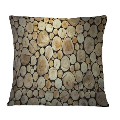 Design Art Front View Of Sliced Trunks - Cabin & Lodge Printed Throw Pillow In Brown