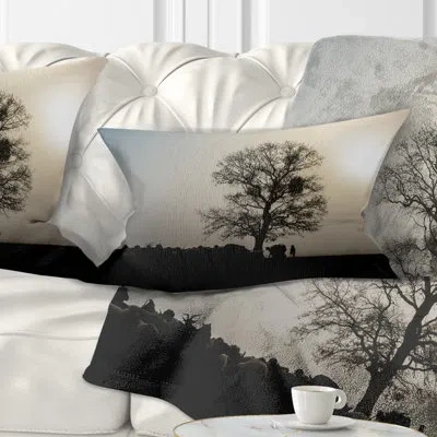 Design Art Frosty Spring Morning Sunrise With Tree - Landscape Printed Throw Pillow