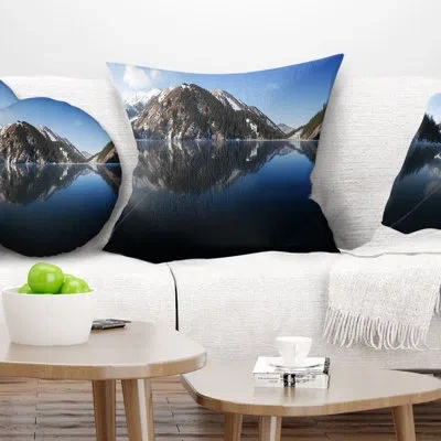 Design Art Frozen Mountain Lake Pano - Landscape Printed Pillow In Blue;black;brown;green;red;yellow