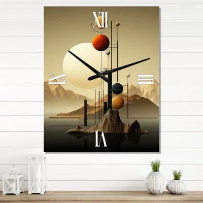Design Art Full Moon Celebration Of Solitude Landscape Ii - Abstract Modern Wall Clock In Yellow;orange
