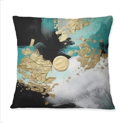 Design Art Full Moon Happiness Gold & Turquoise Abstract I - Abstract Painting Printed Throw Pillow In Blue;black