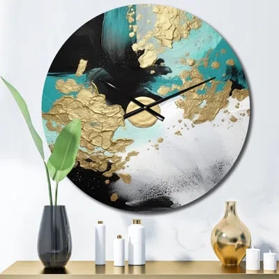 Design Art Full Moon Happiness Gold & Turquoise Abstract I Metal Wall Clock In Blue