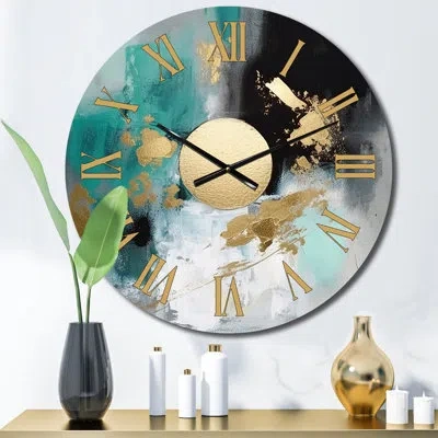 Design Art Full Moon Happiness Gold & Turquoise Abstract Iv Metal Wall Clock In Blue;black
