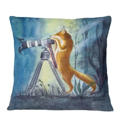 Design Art Funny Fox With A Big Camera In The Woods - Traditional Printed Throw Pillow In Blue;brown