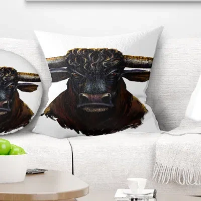 Design Art Furious Bull Art - Animal Printed Pillow In Black;white
