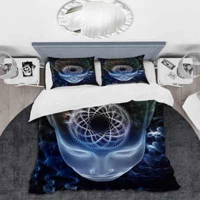 Design Art Futuristic Blue Face On Black - Modern Duvet Cover Set - Microfiber Polyester In Black,blue