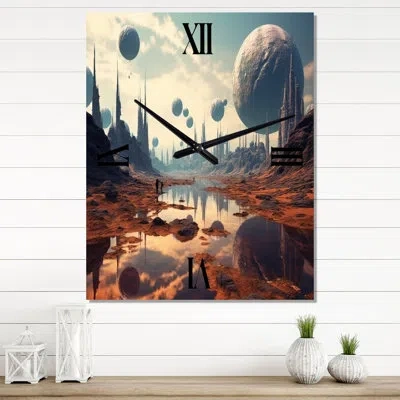 Design Art Futuristic Visions Surrealistic Moon Landscape I - Abstract Landscape Wall Clock In Blue;orange