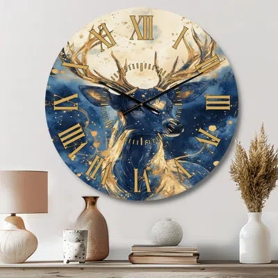 Design Art Galaxy Antlers At Midnight - Celestial Round Metal Wall Clock In Blue