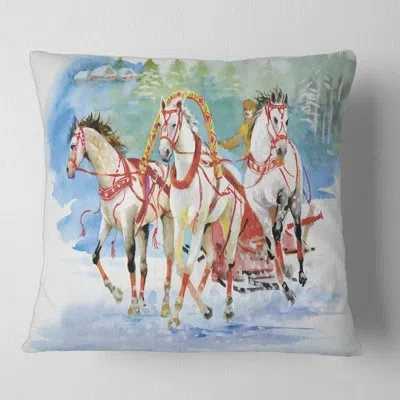 Design Art Galoping Horses With Carriage In The Snow Square Pillow Cover & Insert In Red
