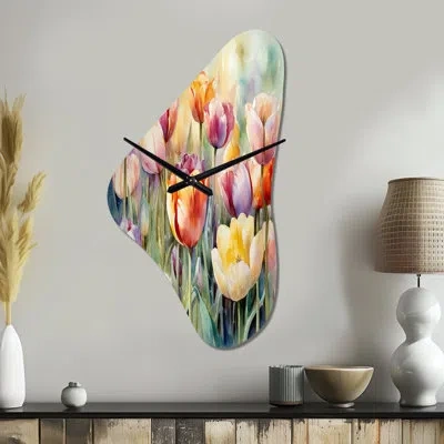Design Art Garden Of Tulips - Tulip Asymmetrical Metal Clock, Orange Unique Shape Metal Clock Print In Green;orange