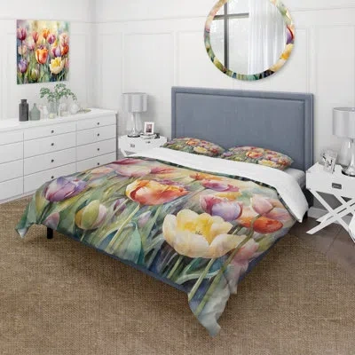 Design Art Garden Of Tulips - Tulip Duvet Cover Set In Green;orange