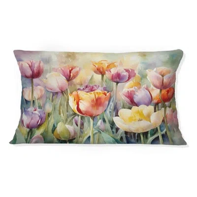 Design Art Garden Of Tulips - Tulip Printed Throw Pillow In Green;orange