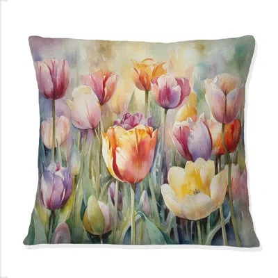 Design Art Garden Of Tulips - Tulip Printed Throw Pillow In Green;orange