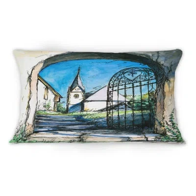Design Art Gate To Churchyard Under Blue Sky -1 Mid-1century Modern Printed Throw Pillow